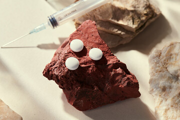 Medicine pills with natural beige background and props. Metformin, antibiotic, anti-inflammatory,...