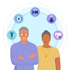 Healthy aging icons and couple of seniors