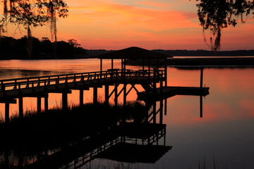 USA, Georgia, Savannah. Dock on the, at sunrise.