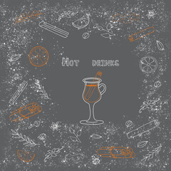 Beverages, drinks, and Christmas elements. Mulled wine, Hot chocolate, Latte, Tea, Grog, etc