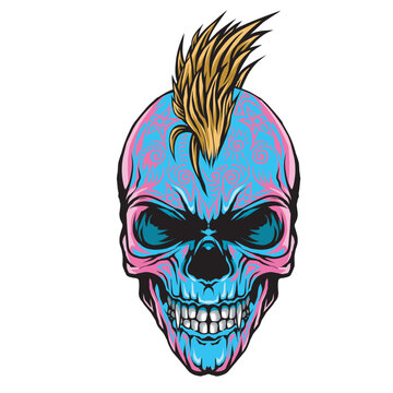 Pink and blue skull, yellow mohawk hair