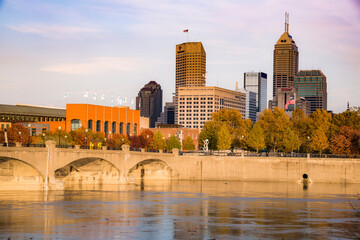 View of downtown from the west bank of White River, White River State Park, Indianapolis, Indiana, USA.