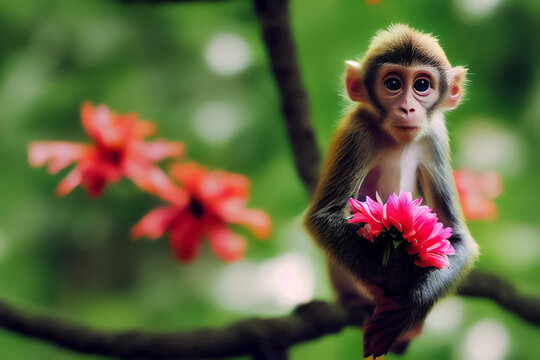 Cute monkey with flowers sitting on a tree branch in the green tropical forest. Seamless background with monkeys. Wildlife. 3d render