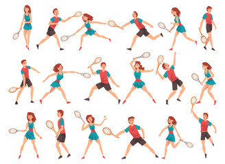 Man and Woman Playing Tennis as Racket Sport on Court Big Vector Set