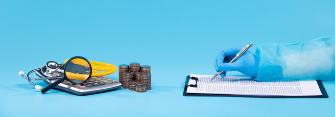 Doctor sign stamp expense on Medical care bill, Cost of living health check up. Insurance finance...