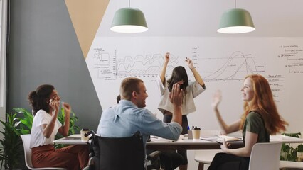 Business people achievement, high five celebration and presentation meeting, success and support in marketing agency. Happy, winning and excited teamwork, collaboration of employees goals and target