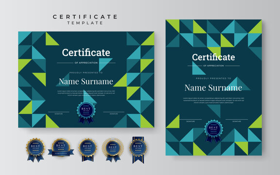 Blue And Green Modern Certificate Of Achievement Template With Gold Badge And Border. Certificate Template With Flat Geometric Mosaic Pattern Design