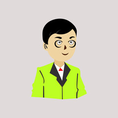 vecto design of the character of a young man wearing a dashing suit, this character is suitable for animation or for a school event design with the characteristic of the character wearing a yellowish 