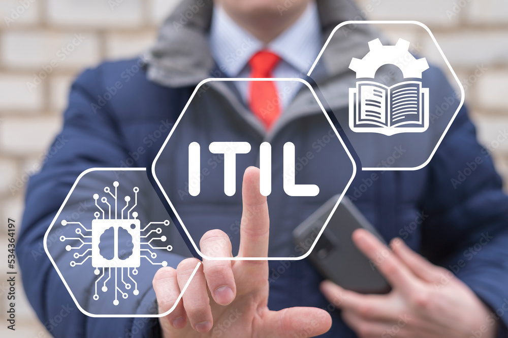 Poster businessman using virtual touchscreen presses abbreviation: itil. concept of itil information techno