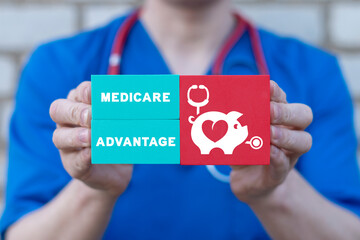 Concept of Medicare Advantage Plan. Health care insurance. Medicare benefits. Medicaid service.