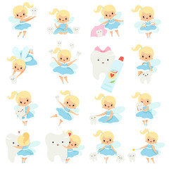 Cute Little Tooth Fairy with Blond Hair and Ponytail with First Baby Tooth Big Vector Set