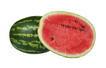 Whole and cut fresh juicy watermelons isolated on white