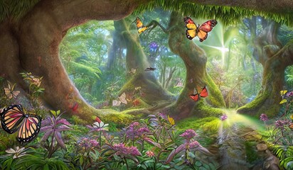 Children playing in a beautiful enchanted magic forest with big fairytale trees with big roots, great vegetation, flowing waterfalls, butterflies and flowers, rays of light, storybook illustration