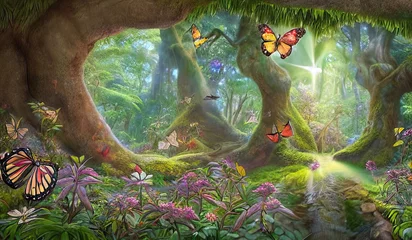 Acrylic prints Fairy forest Children playing in a beautiful enchanted magic forest with big fairytale trees with big roots, great vegetation, flowing waterfalls, butterflies and flowers, rays of light, storybook illustration