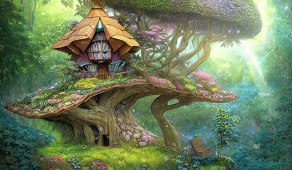 Enchanted cute fairy tree house in an old tree, magical dream fantasy forest with great vegetation and flowing waterfalls, rays of light, butterflies, flowers, storybook illustration