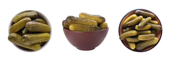 Set with tasty pickled cucumbers on white background. Banner design