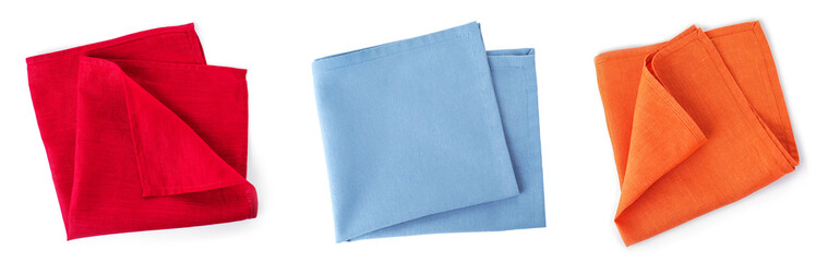 Set with different fabric napkins on white background, top view. Banner design