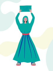 Girl in a hijab in full growth with a poster in her hands. Rally and protest in Iran, women's freedom. Vector isolated illustration in flat style. Innocent lives are in danger. Irenian lives matter