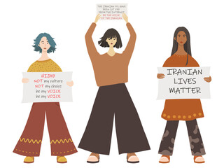 Three girls in full growth with a poster in their hands. Rally and protest in Iran, women's freedom. Vector isolated illustration in flat style