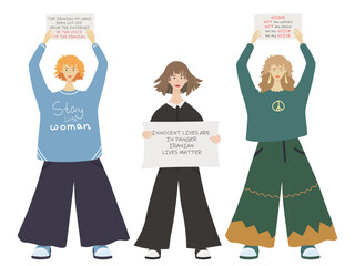 Three girls in full growth with a poster in their hands. Rally and protest in Iran, women's freedom. Vector isolated illustration in flat style