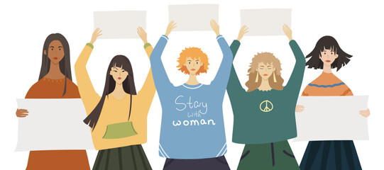 Five girls in waist-high with a poster in their hands. Rally and protest in Iran, women's freedom. Vector isolated illustration in flat style