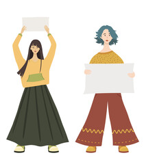 Two full growth girls hold posters in their hands. Rally and protest in Iran, women's freedom. Vector isolated illustration in flat style