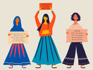 Three girls in full growth with a poster in their hands. Rally and protest in Iran, women's freedom. Vector isolated illustration in flat style