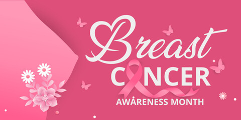 Naklejka premium Realistic pink ribbon. Symbol of world breast cancer awareness month in October. paper cut style with flowers butterfly and pink ribbon Vector illustration.