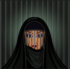 Burka is like a prison. Young muslim woman in hijab metal grate, vector illustration