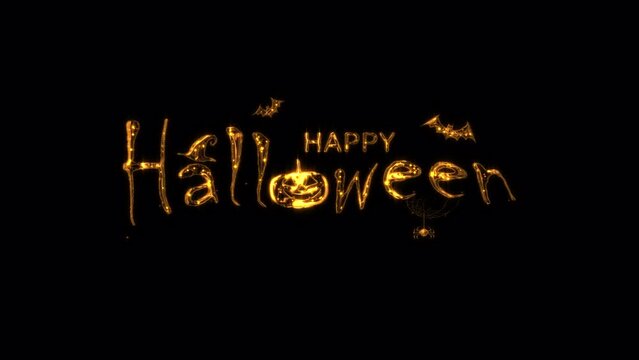 Abstract loop of Happy Halloween golden text star glow flickering effect animation on black background. Isolated transparent video animation text with alpha channel using Quicktime Apply prores 444