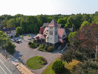 The First Church in Belmont Unitarian Universalist aerial view at 404 Concord Avenue in historic...