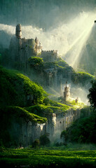Fototapeta premium Beautiful castle illustration with lush greenery 