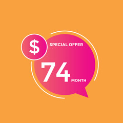 $74 USD Dollar Month sale promotion Banner. Special offer, 74 dollar month price tag, shop now button. Business or shopping promotion marketing concept
