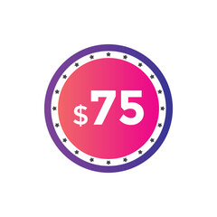 75 dollar price tag. Price $75 USD dollar only Sticker sale promotion Design. shop now button for Business or shopping promotion
