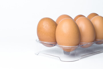 negative space, chicken eggs in a pocket transparent on white background