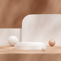 White and brown sphere background 3d rendering scene mockup of white cylinder podium in square
