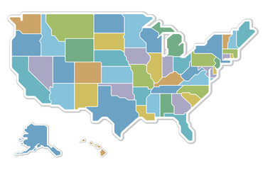 アメリカ合衆国の地図　50州色分け　シンプル