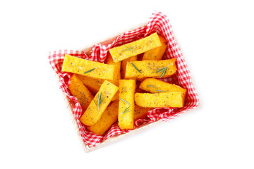 Fried polenta in basket isolated on white background