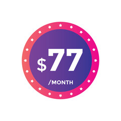 77 dollar price tag. Price $77 USD dollar only Sticker sale promotion Design. shop now button for Business or shopping promotion
