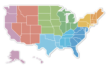 アメリカ合衆国の地図　4地域と9地区の色分け　カラフル