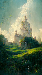 Beautiful castle illustration with flower field