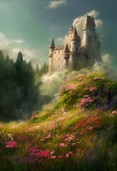 Beautiful castle illustration with flower field
