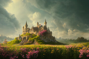 Beautiful castle illustration with flower field