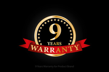 9 years golden warranty logo with ring and red ribbon isolated on black background, vector design for product warranty, guarantee, service, corporate, and your business.