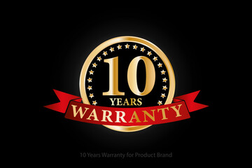10 years golden warranty logo with ring and red ribbon isolated on black background, vector design for product warranty, guarantee, service, corporate, and your business.