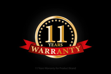 11 years golden warranty logo with ring and red ribbon isolated on black background, vector design for product warranty, guarantee, service, corporate, and your business.