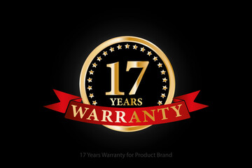 17 years golden warranty logo with ring and red ribbon isolated on black background, vector design for product warranty, guarantee, service, corporate, and your business.