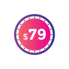 79 dollar price tag. Price $79 USD dollar only Sticker sale promotion Design. shop now button for Business or shopping promotion
