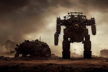 Rusty mech robot, steampunk post-apocalyptic illustration