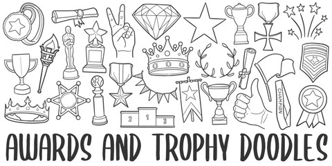Awards Doodle Icons. Hand Made Line Art. Winner Clipart Logotype Symbol Design.